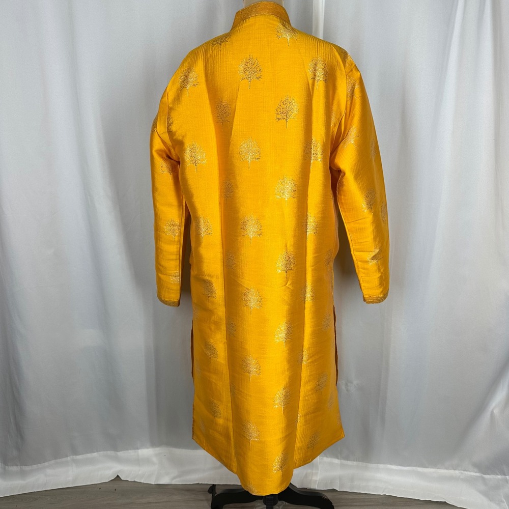 Mens Mustard Yellow Gold Tree Embroidered Kurta Tunic Mandarin Collar Size 44 - Picture 2 of 15